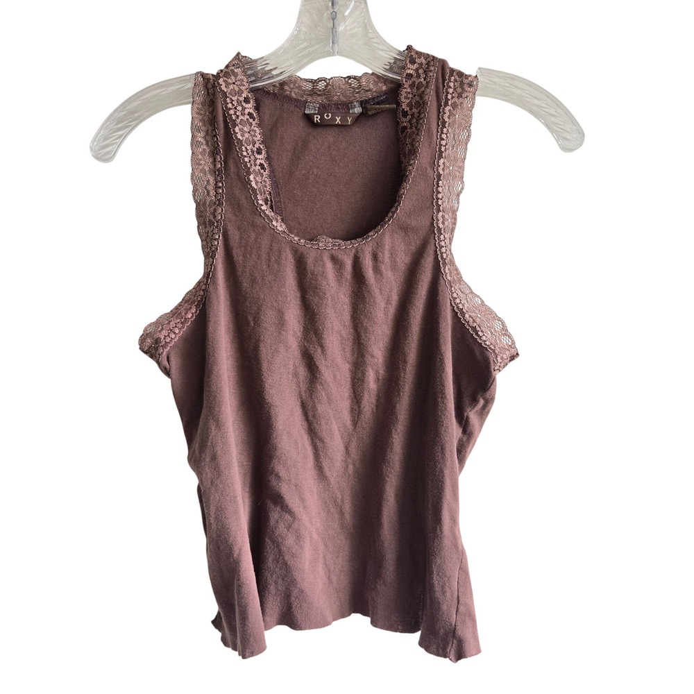 Vtg Y2K Roxy Large Tank Top Womens Brown Good Lace Trim Racerback Cotton 0467946